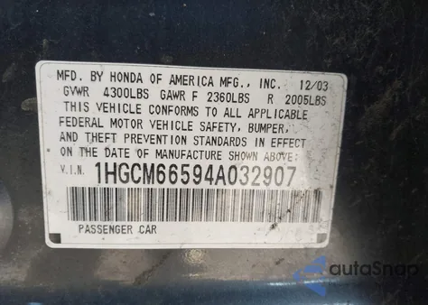 2004 Honda Accord 3.0 Ex z USA, uszkodzony, nr VIN 1HGCM66594A032907